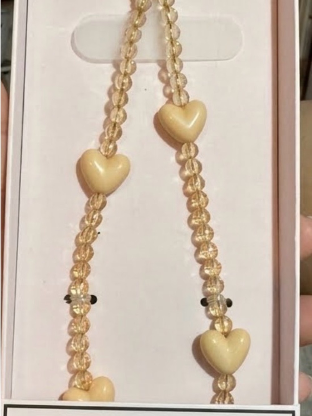 BNIB Velvet Caviar Champagne Bead Necklace with Cream Heart Accents